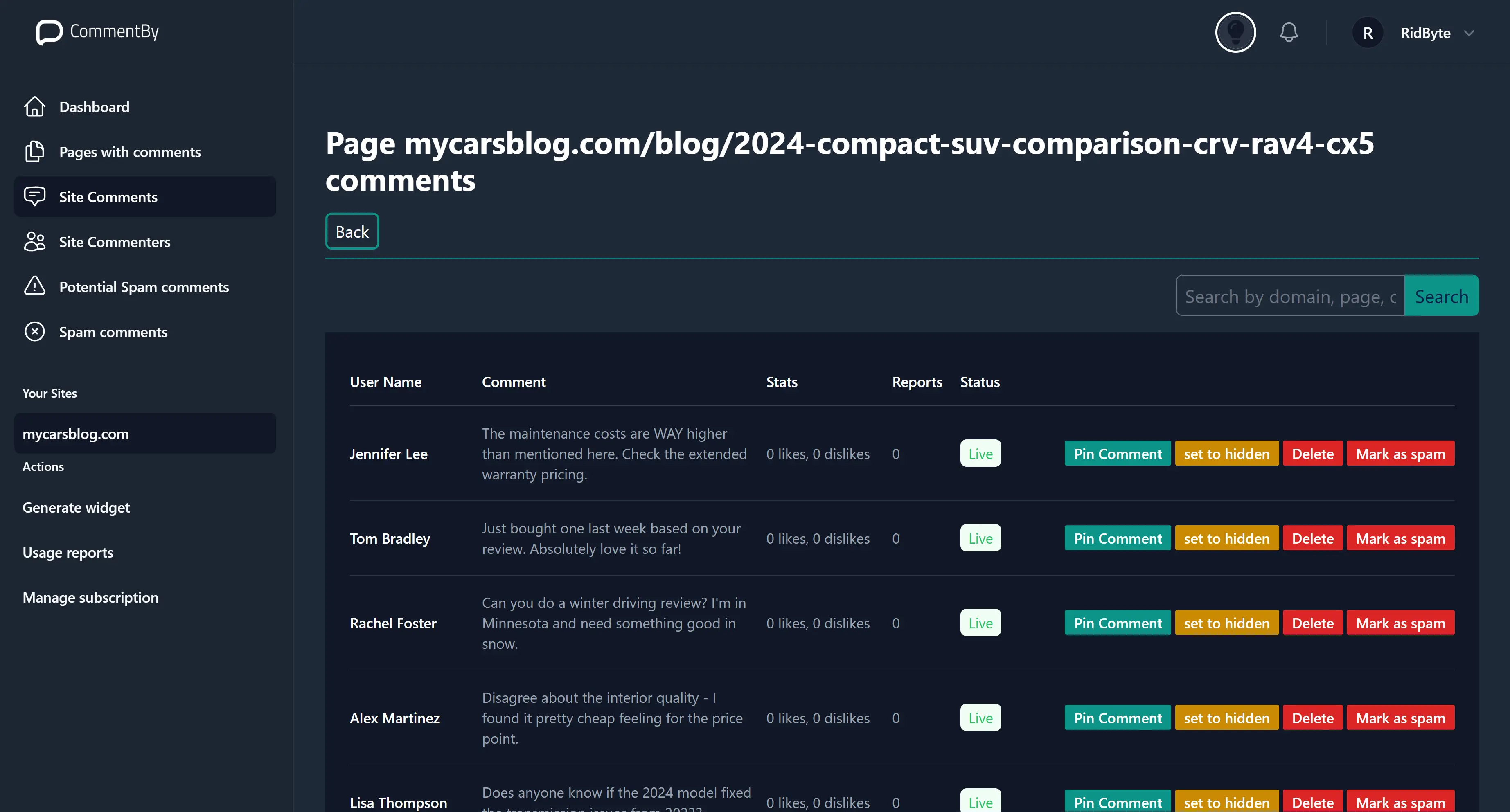 Comment Management Dashboard - Dark Mode