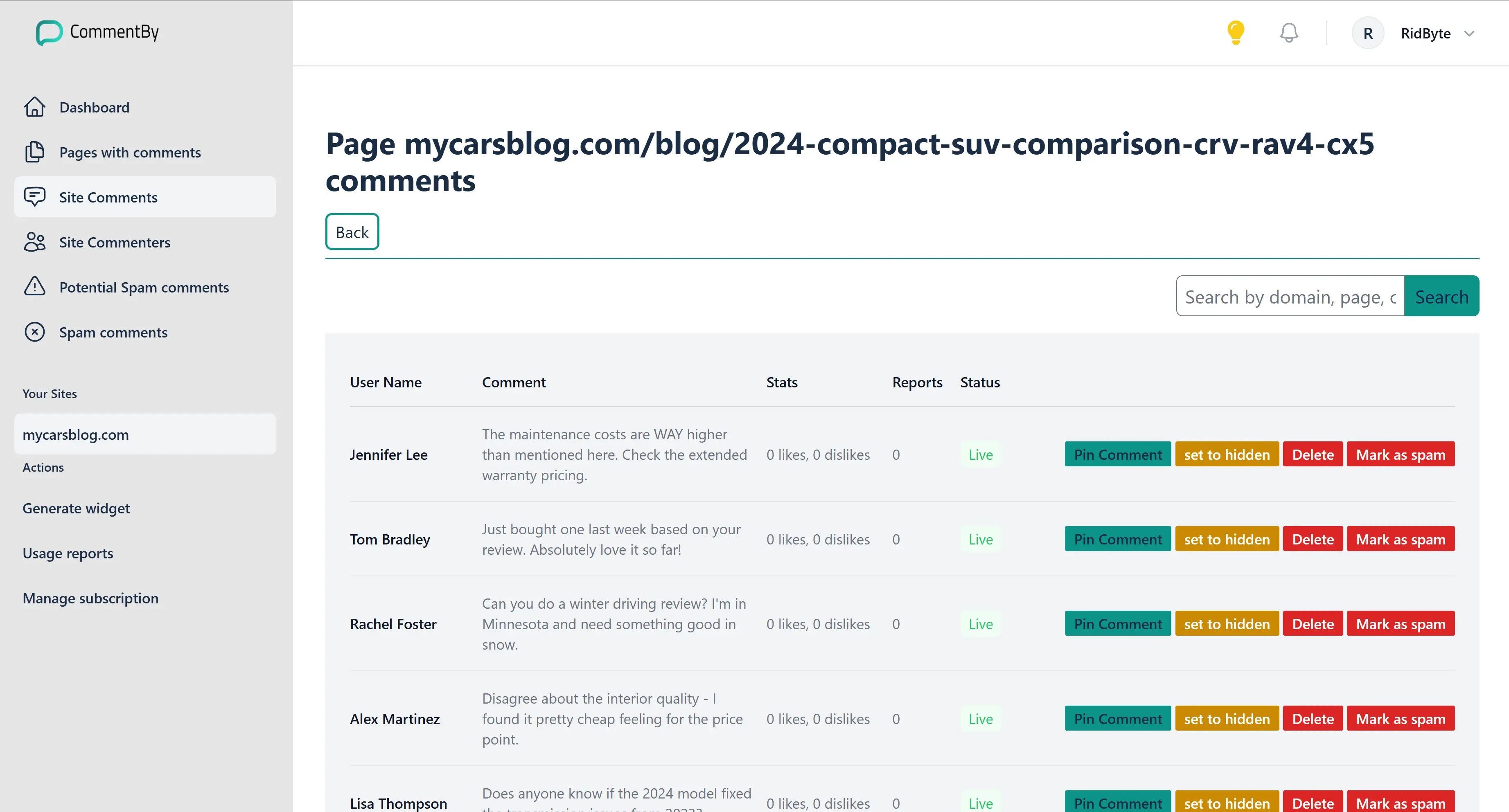 Comment Management Dashboard - Light Mode